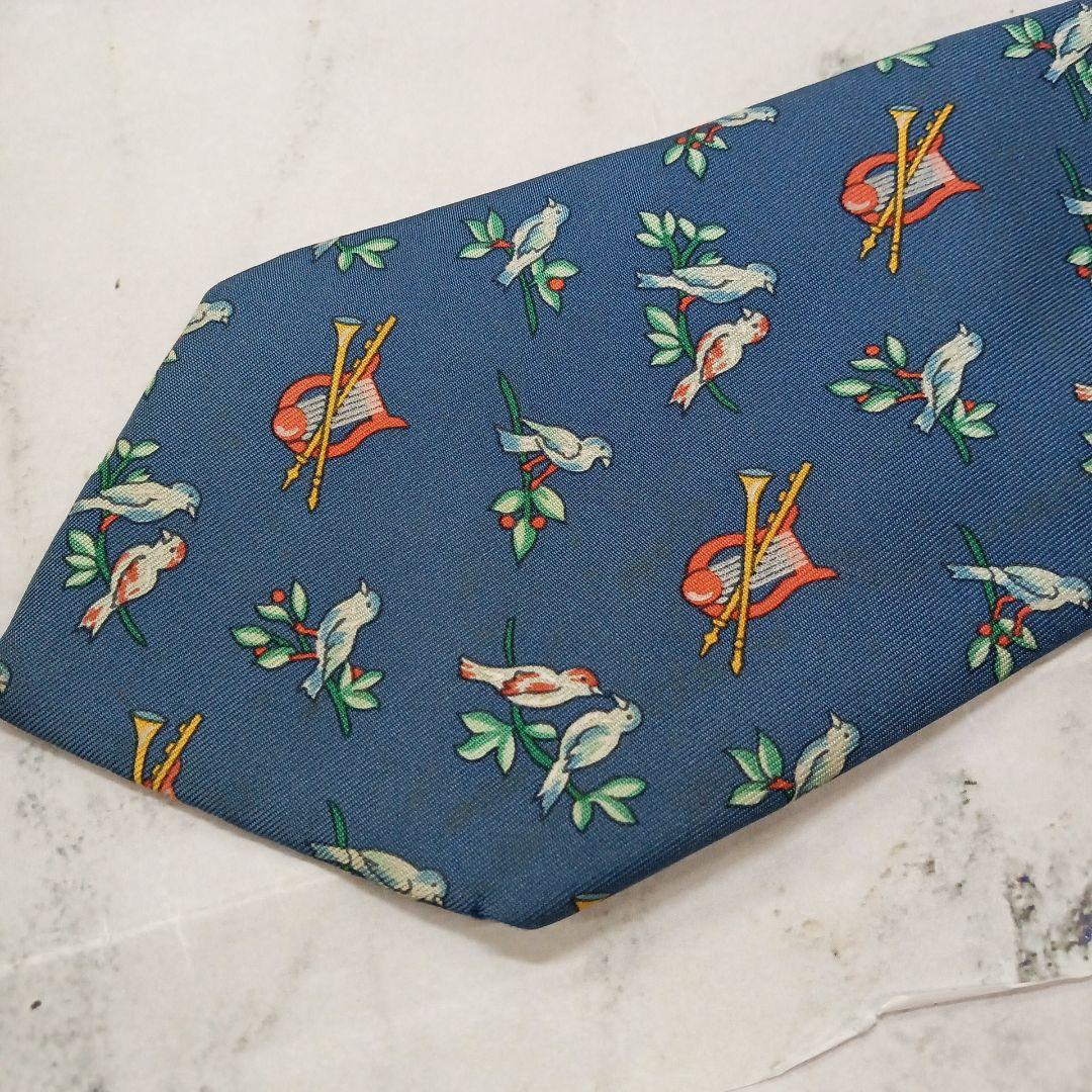 訳あり】エルメス HERMES ネクタイ 青色 絵柄 鳥 絹【n2152