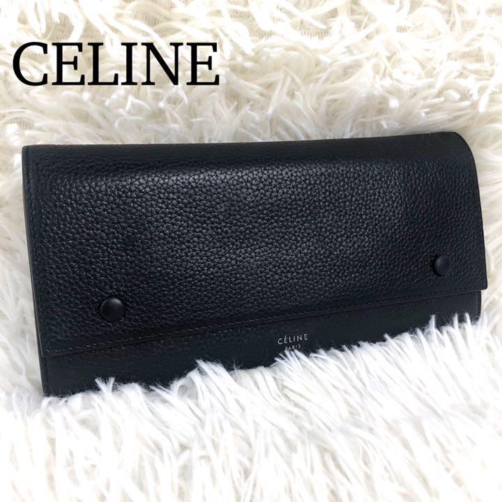 ♡極美品♡ セリーヌ 二つ折り財布 ラージフラップ レザー ロゴ ブラック ♡極美品♡ セリーヌ 二つ折り財布 ラージフラップ レザー ロゴ ブラック