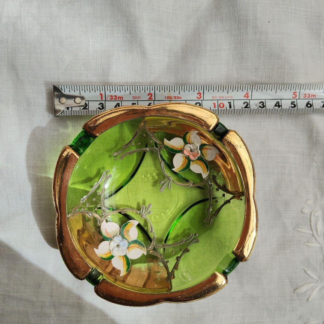 Murano Glass Ashtray - Green with Floral Pattern and Gold Rim
