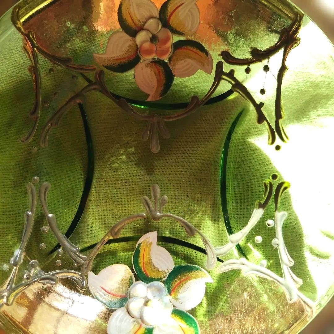 Murano Glass Ashtray - Green with Floral Pattern and Gold Rim