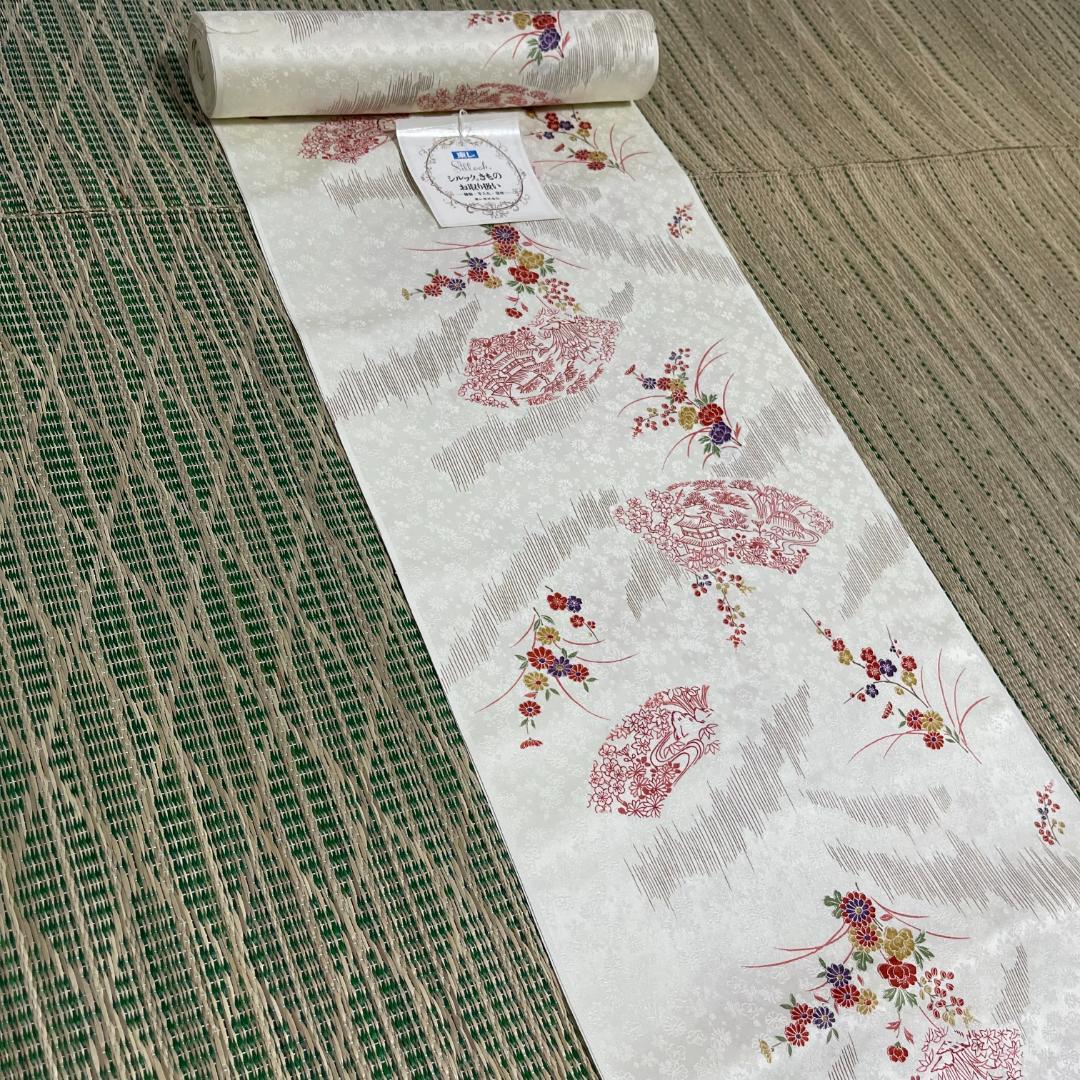 【新品未使用】シルック小紋－１＜扇面茶屋花文・地柄入・東レ謹製＞着尺　化繊　反物
