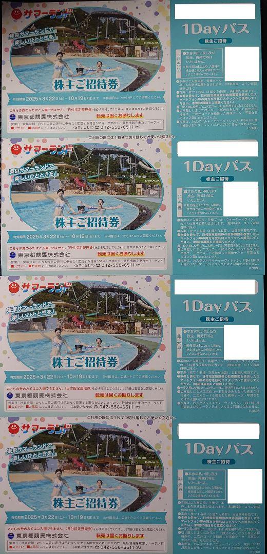 東京サマーランド　株主招待券　1Dayパス　4枚　株式優待券