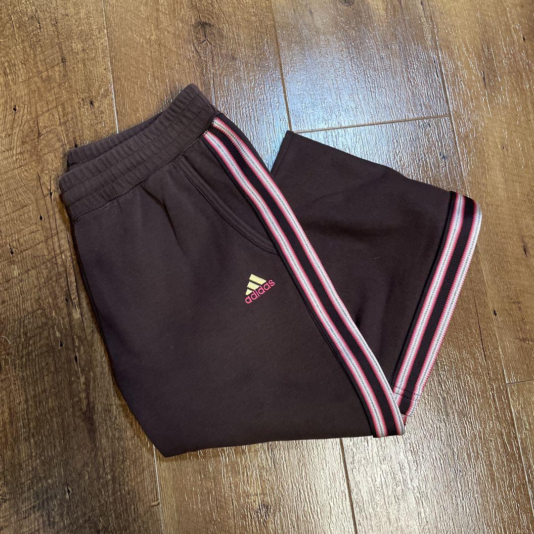 y2k adidas トラックパンツブラウン刺繍ロゴフレアメンズライン