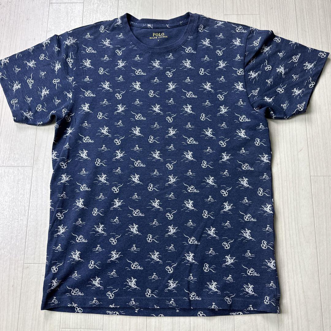 さぼ商品です。ポロ・ラルフ・ローレン Tシャツ 青 新品タグ付き ポロラルフローレン総柄TシャツヨットアンカーボンデンLサイズ紺