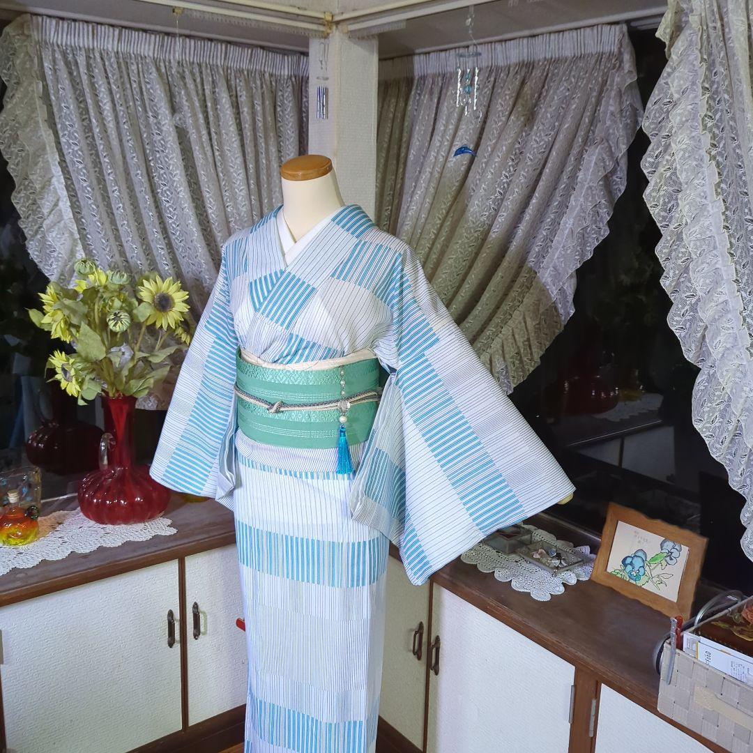 熱販売 白の地に、線で描かれた柄模様が小粋に美しい洗える絽のお着物 着物・浴衣