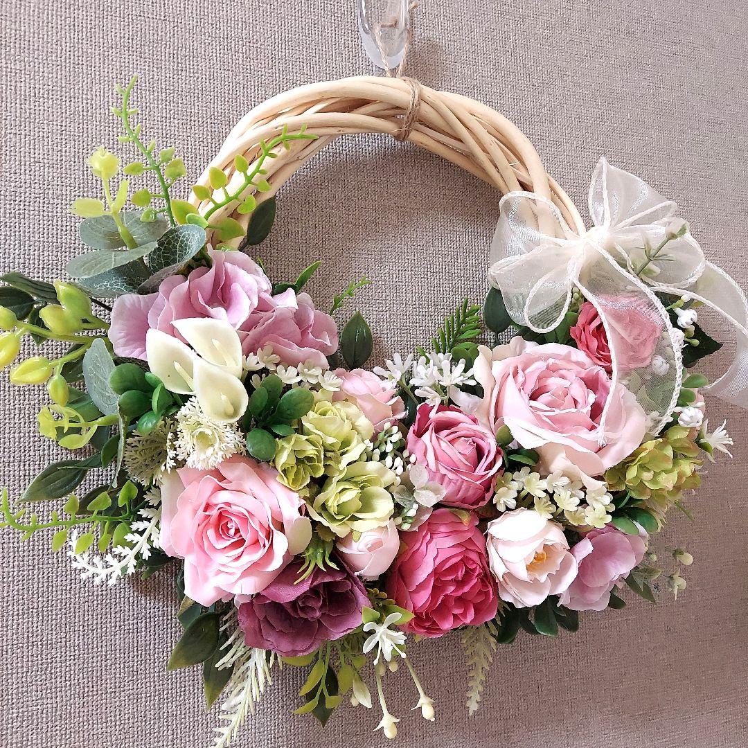 【専用】フラワーリース 春の足音15 咲き誇る花たちの花かご 玄関リース 造花