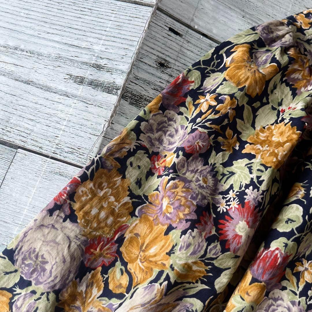 昭和レトロカラフル花柄ロングワンピースゆったりアート風古着ヴィンテージQ1