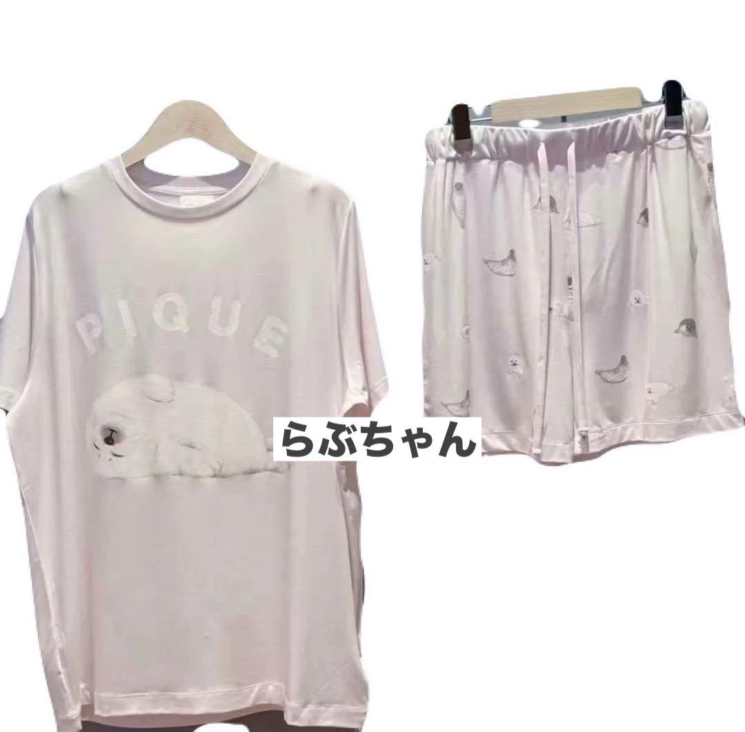 接触冷感　あざらしワンポイントTシャツ&ショートパンツセット　ピンク