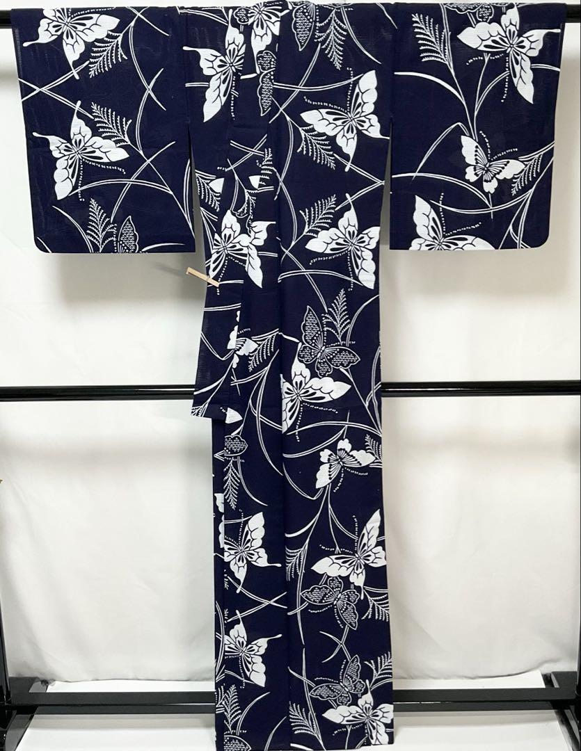 専用◎122綿絽　浴衣　蝶　濃紺地　着物