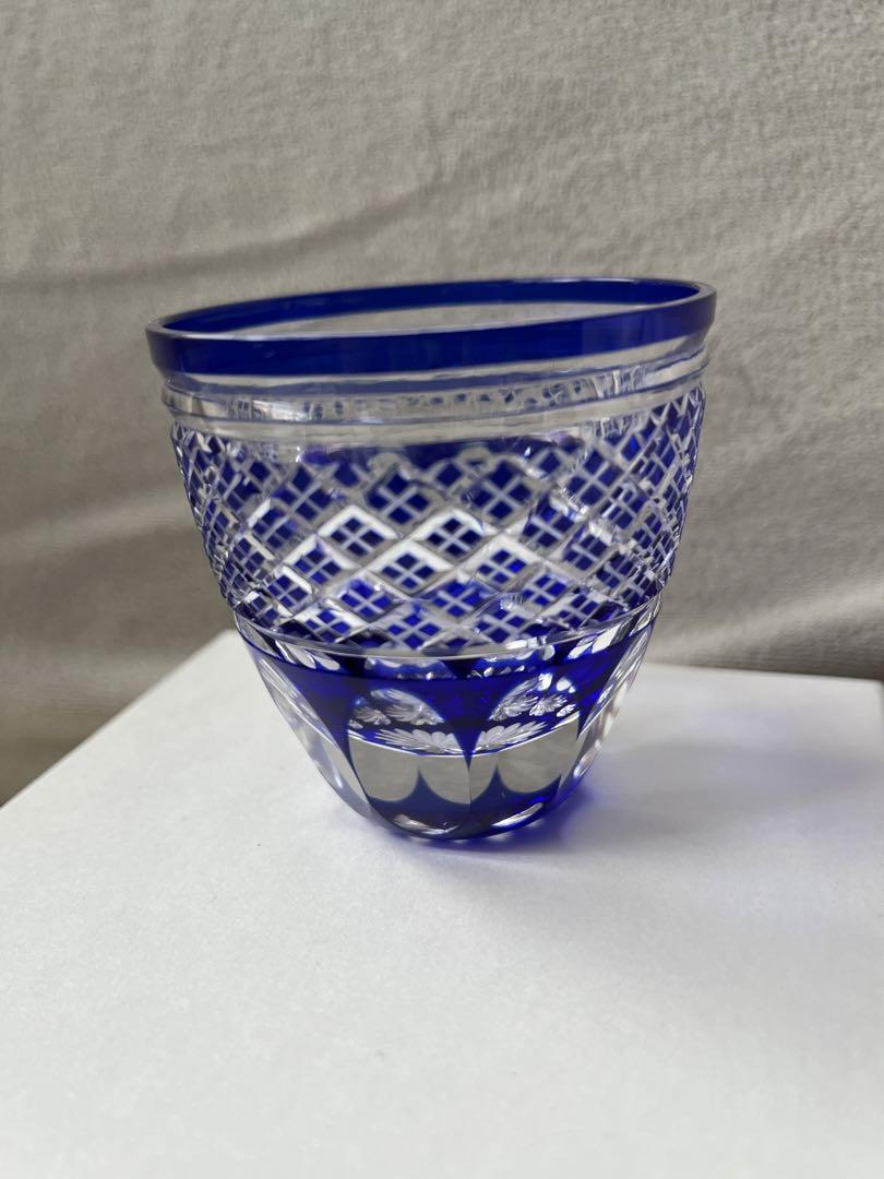 江戸切子  伝統工芸品 大久保忠幸作 おちょこ グラス 青