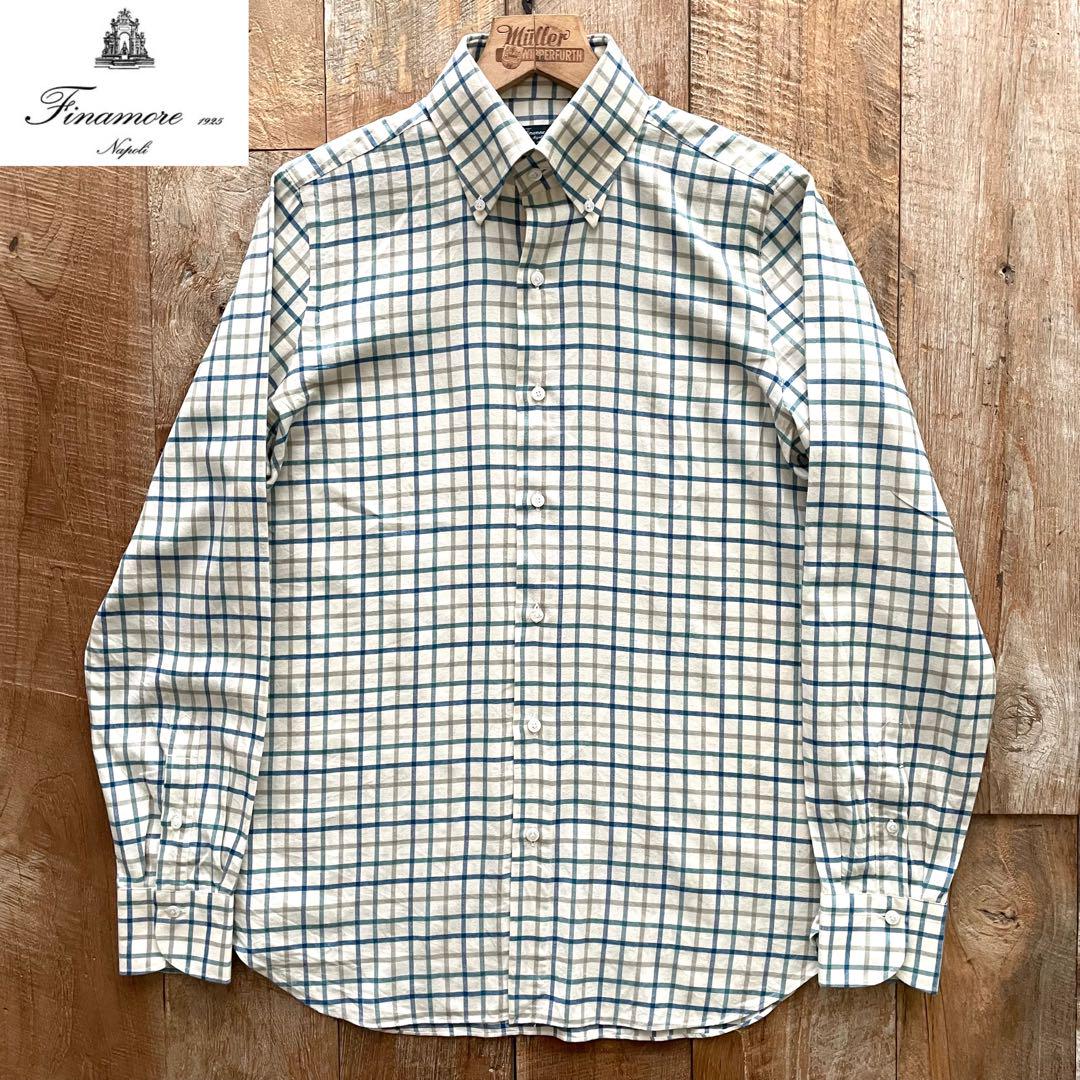Finamore フィナモレ シャツ カッタウェイ リネン チェック柄 ブロックチェック マルチカラー SIMONE BALI 長袖 P4040  1(ブルーチェック)｜Finamore｜菅原靴店