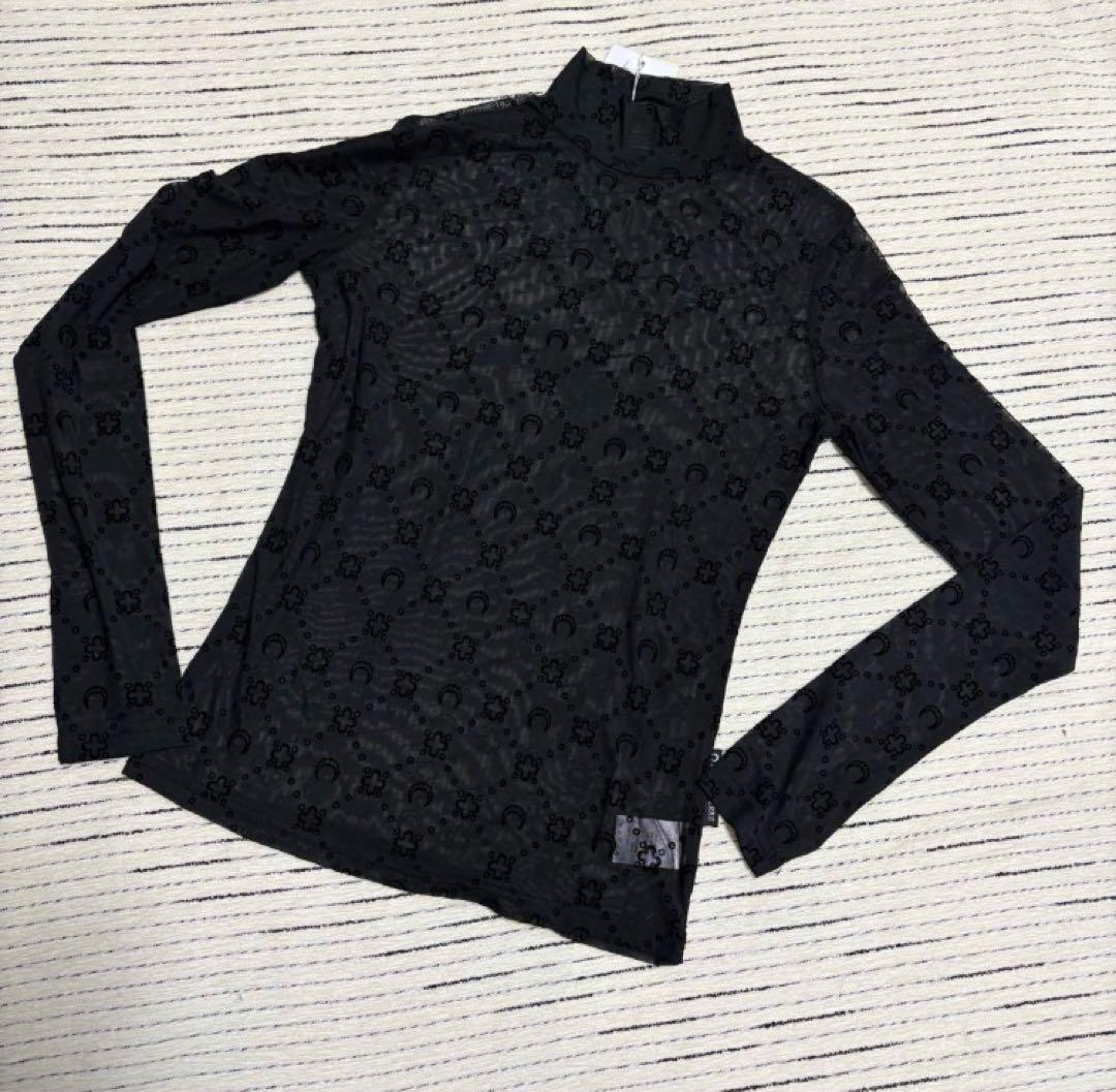 MARINE SERRE ムーンストレッチトップス（ブラック） RECYCLED MOON JERSEY SECOND SKIN CREWNECK TOP • Marine Serre
