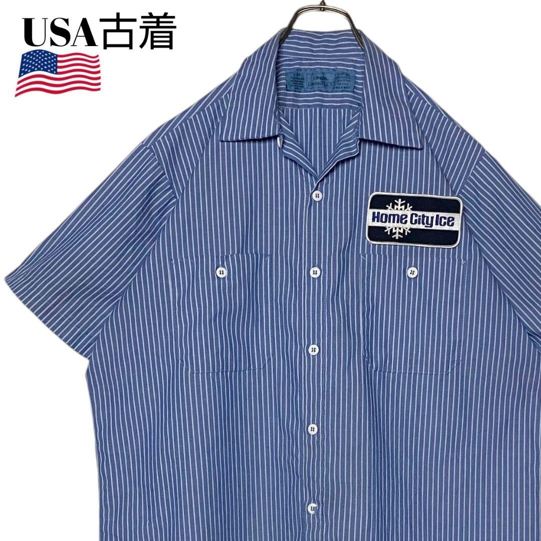 00s USA古着 CINTAS 企業物ワークシャツ ストライプ 青 L 半袖