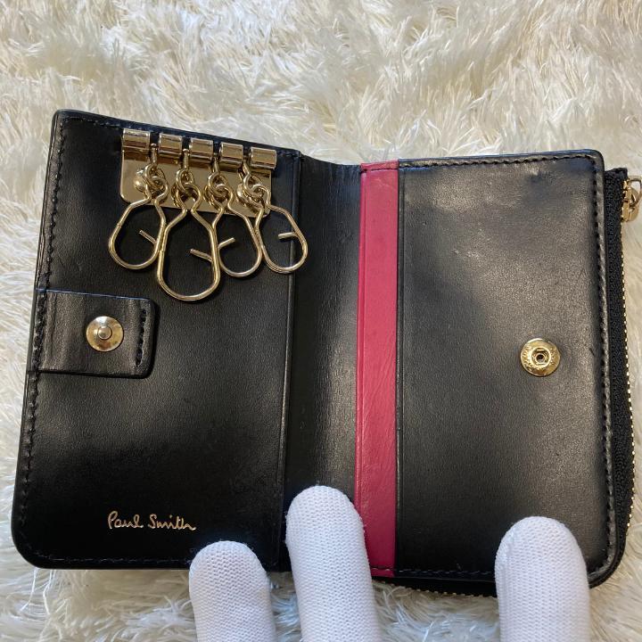 【PaulSmith】ポールスミス レザーキーケース・マーケトリーストライプ黒