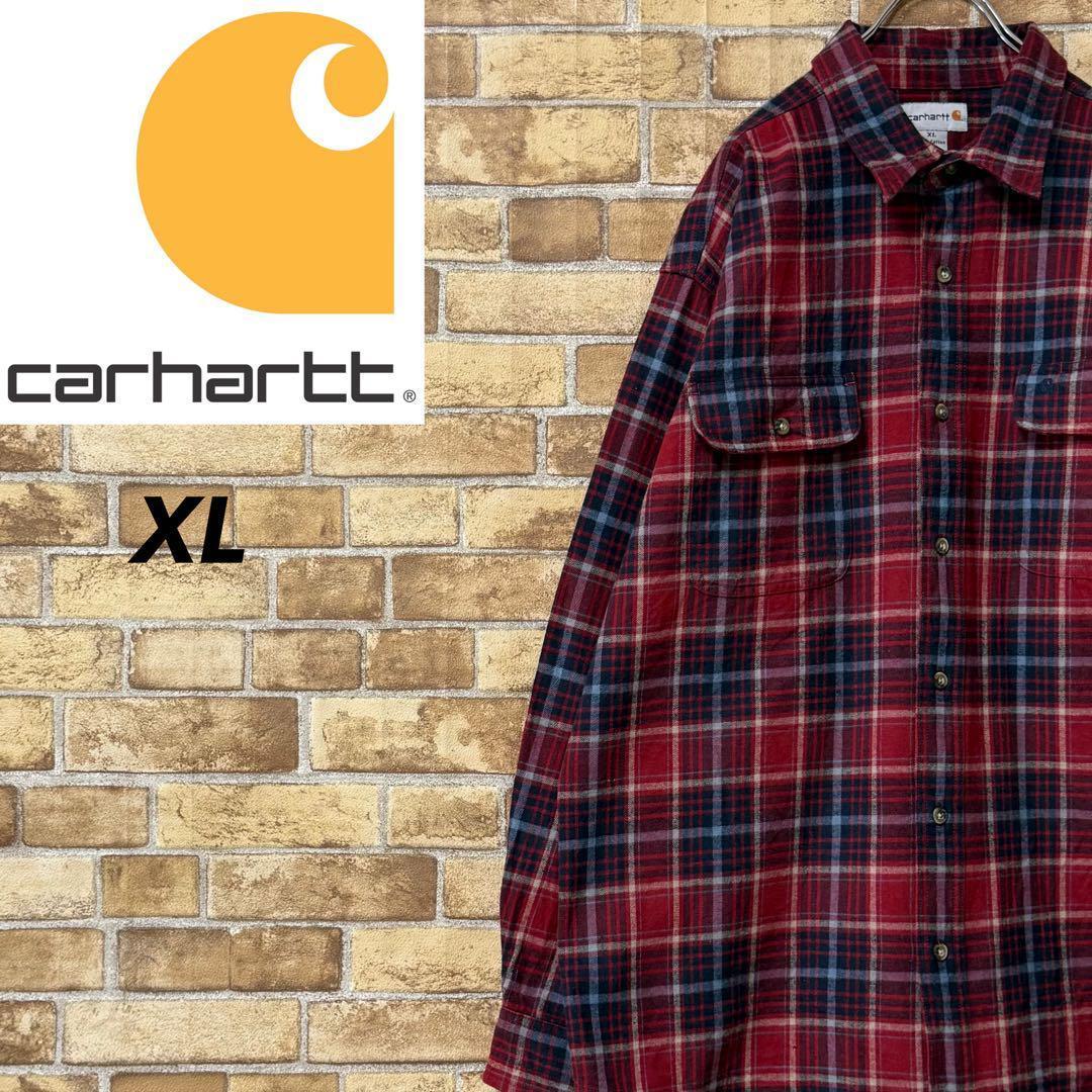 カーハート　長袖ネルシャツ　チェック　赤　ビッグシルエット　ダブルポケット　XL