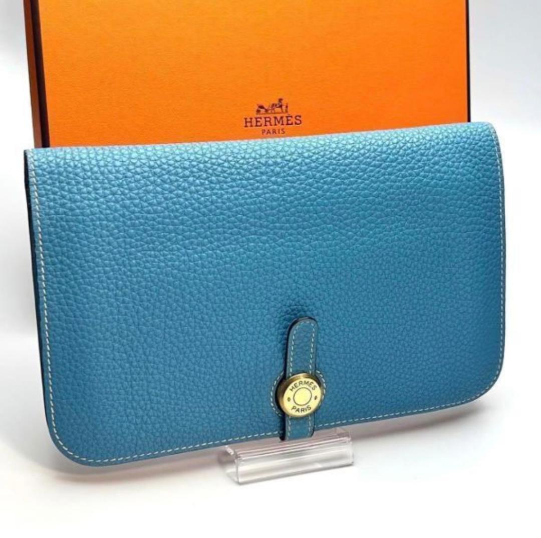 幸運のお財布 エルメス ドゴン GM ゴールド金具 ブルー 正規保証1535 幸運のお財布 エルメス ドゴン GM ゴールド金具 ブルー 正規保証1535