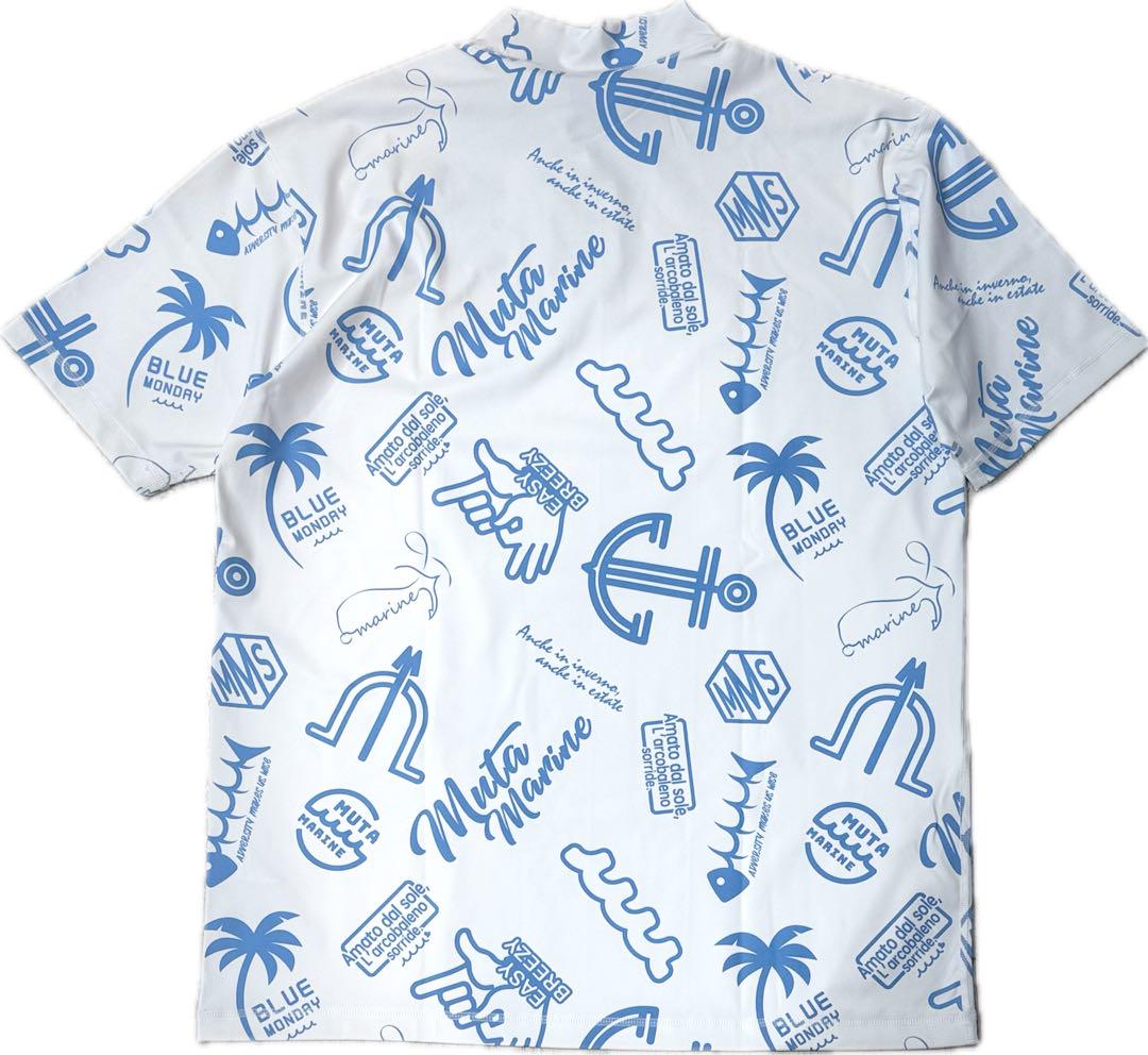 【新品】ムータマリン　ゴルフウェア　メンズ　半袖　モックネック　白×水色　M 新品】ムータマリン ゴルフウェア メンズ 半袖 モックネック 白