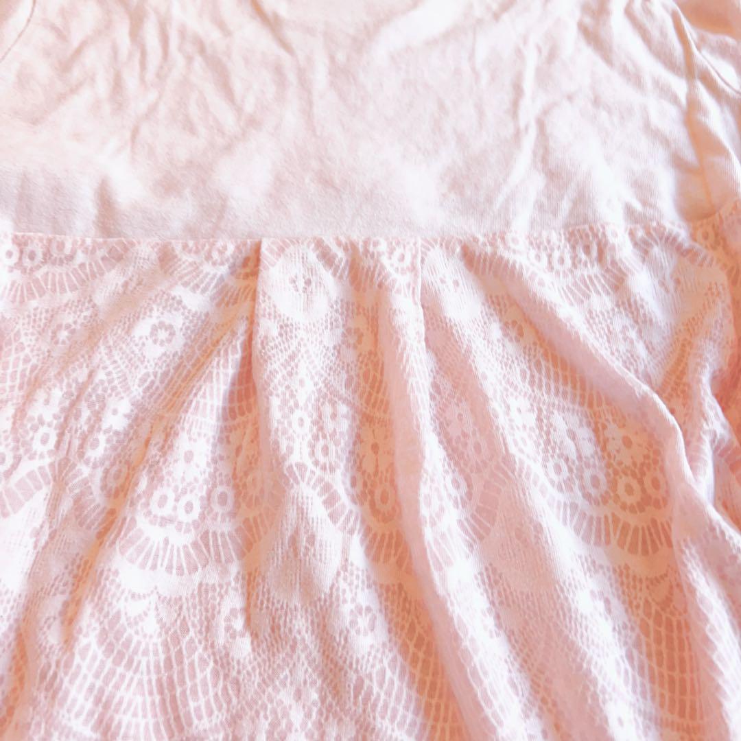 姫ギャル リズリサ系 ピンク レース リボン付き Tシャツ