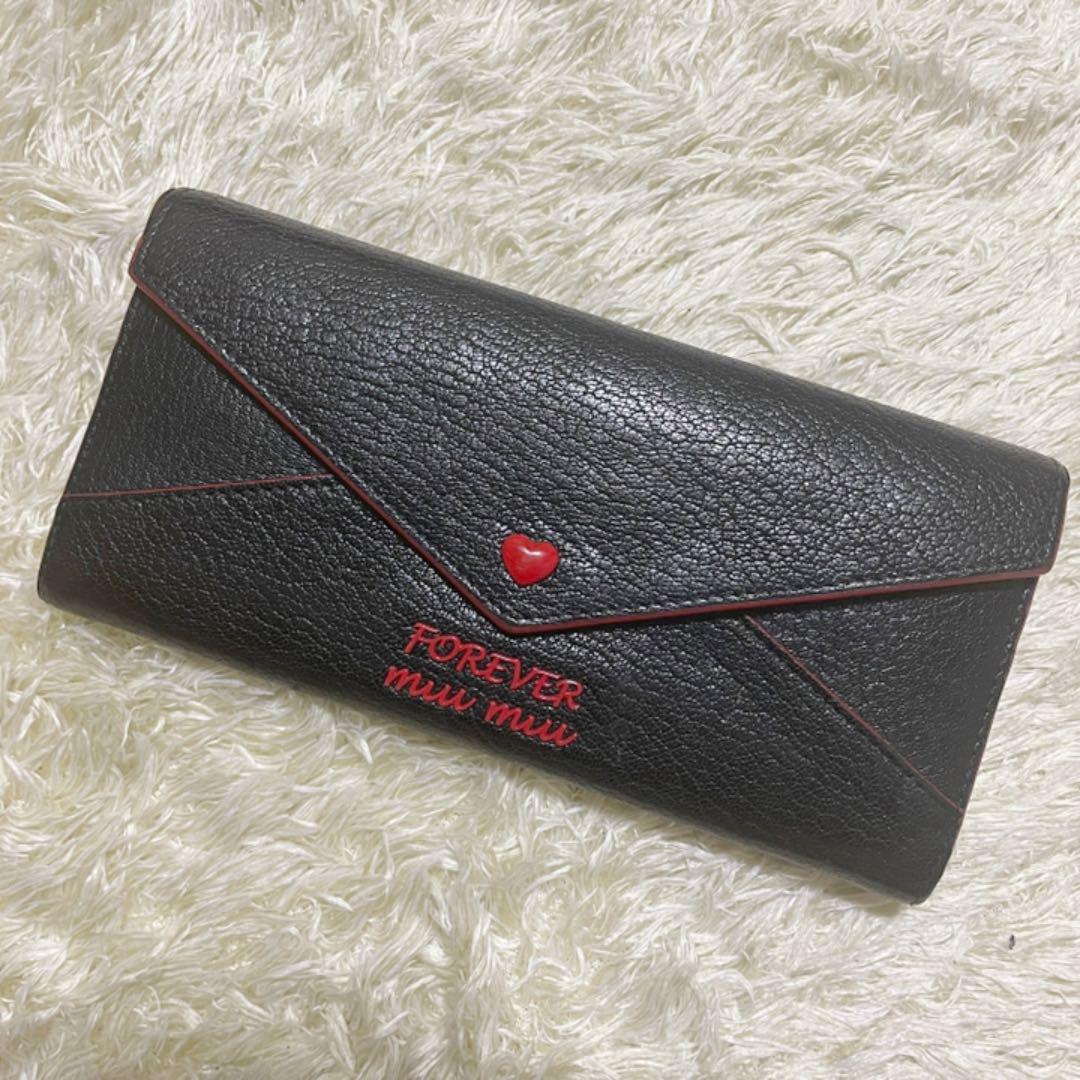 いたします` 極美品 パスケース付き 長財布 黒 YWpN1-m48170970135 ミュウミュウ ラブレター フォーエバー ⋜さなキズや