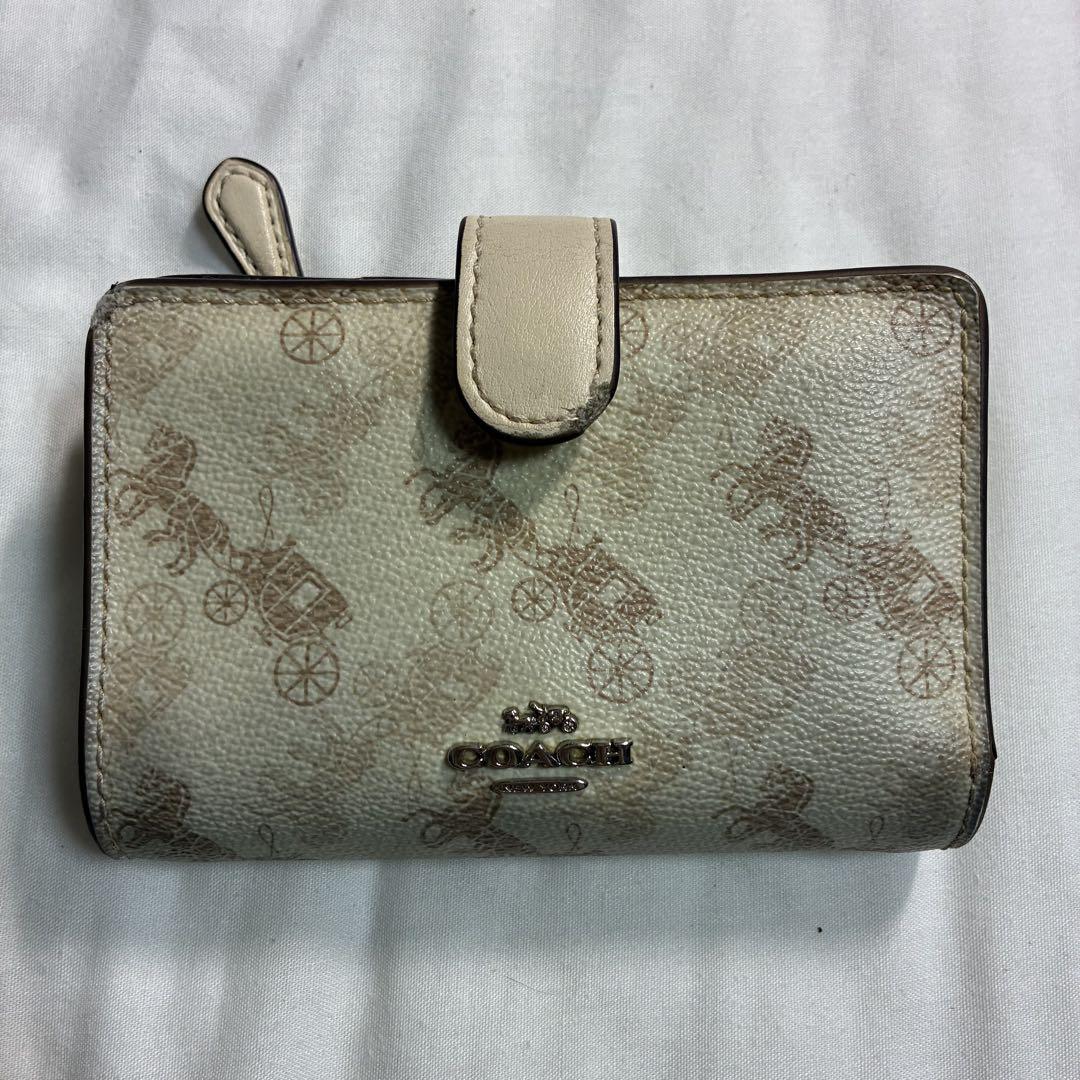 美品 COACH コーチ 白 二つ折り財布　財布 馬車プリント ウォレット 新品】COACH コーチ 二つ折り財布 馬モチーフ オールホワイト