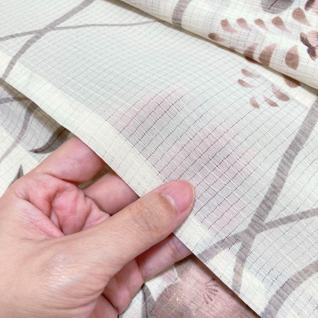 【美品✨】夢工房　洗える着物　夏物　絽楊柳　小紋　秋草　アイボリー　市田　A1