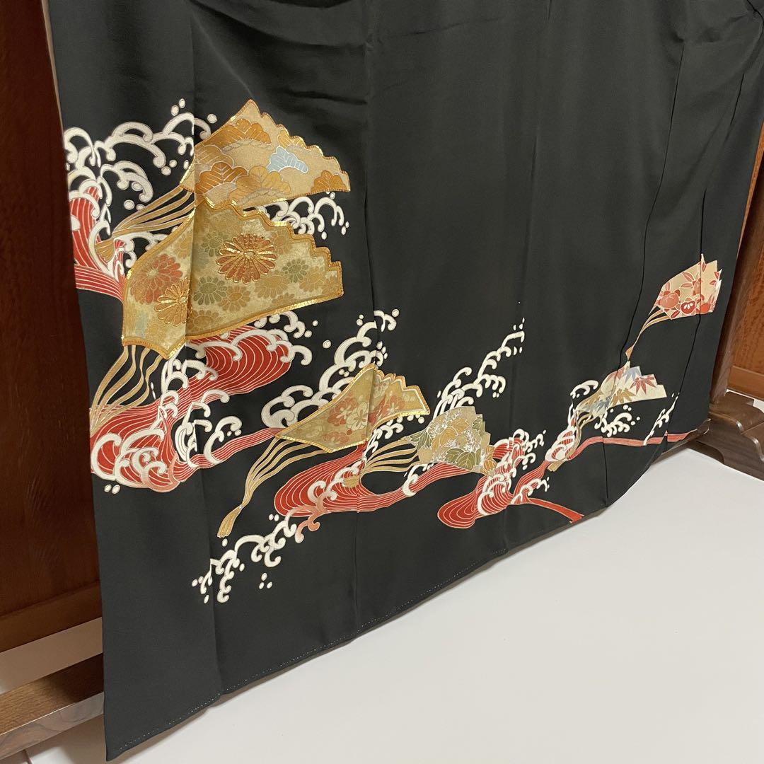 2025人気の 金彩 金駒刺繍 黒留袖 男波 K064 比翼仕立 正絹 扇子文様 着物・浴衣