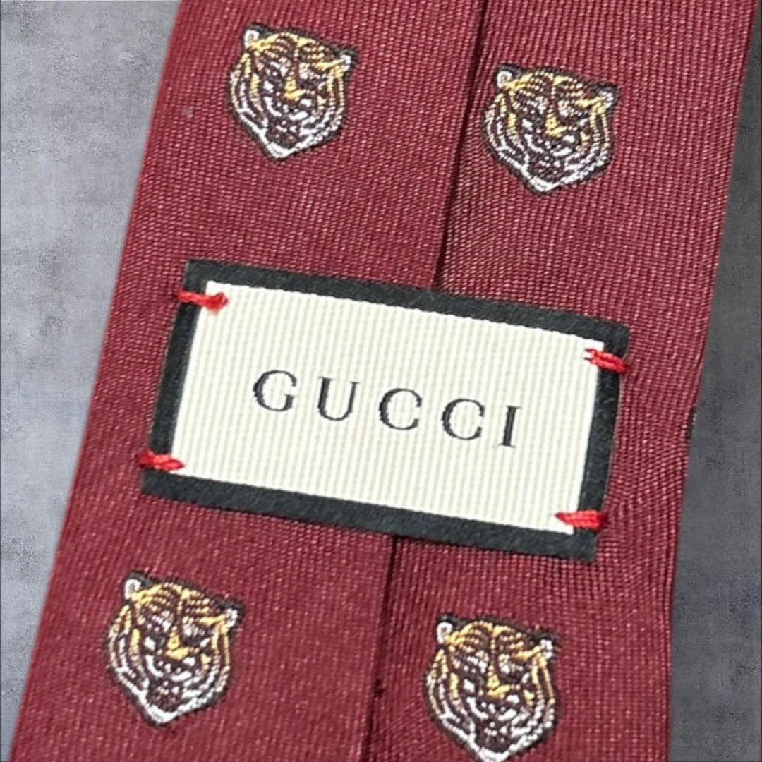 C379/GUCCI グッチ ネクタイ ワインレッド 虎 TIGER ハート 花