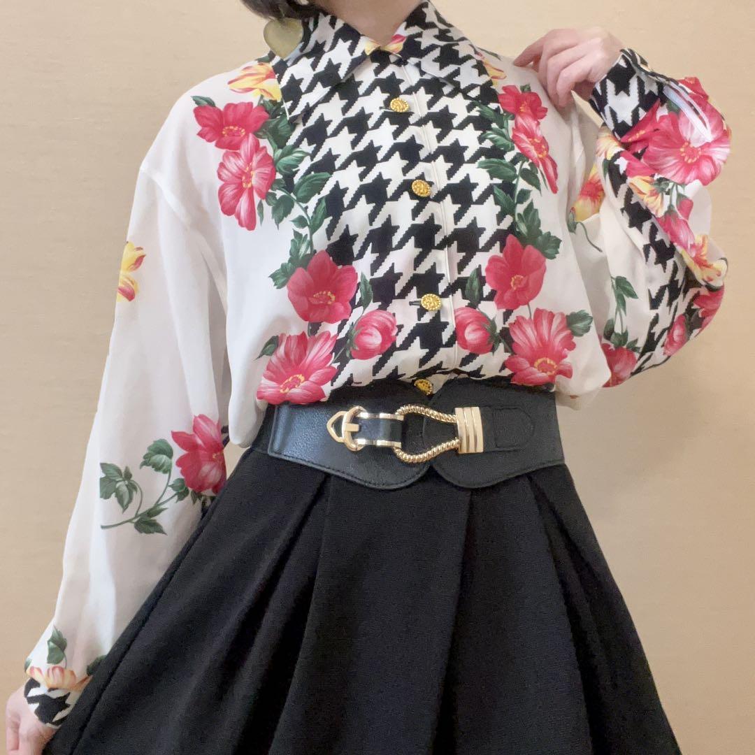 豊富なギフト 希少 花柄 一点物 ヴィンテージ レトロ シャツブラウス 千鳥格子 トップス