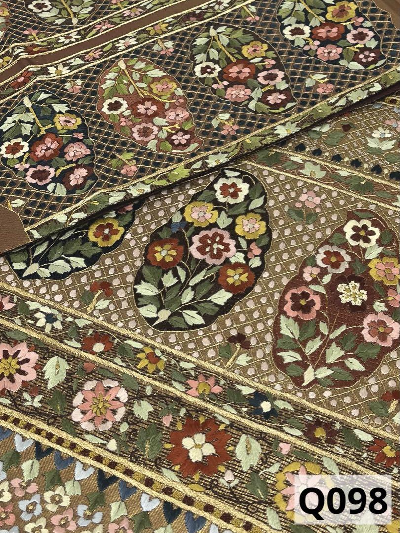 蘇州刺繍 相良刺繍 袋帯 花文様 金糸 正絹 お太鼓柄 Q098