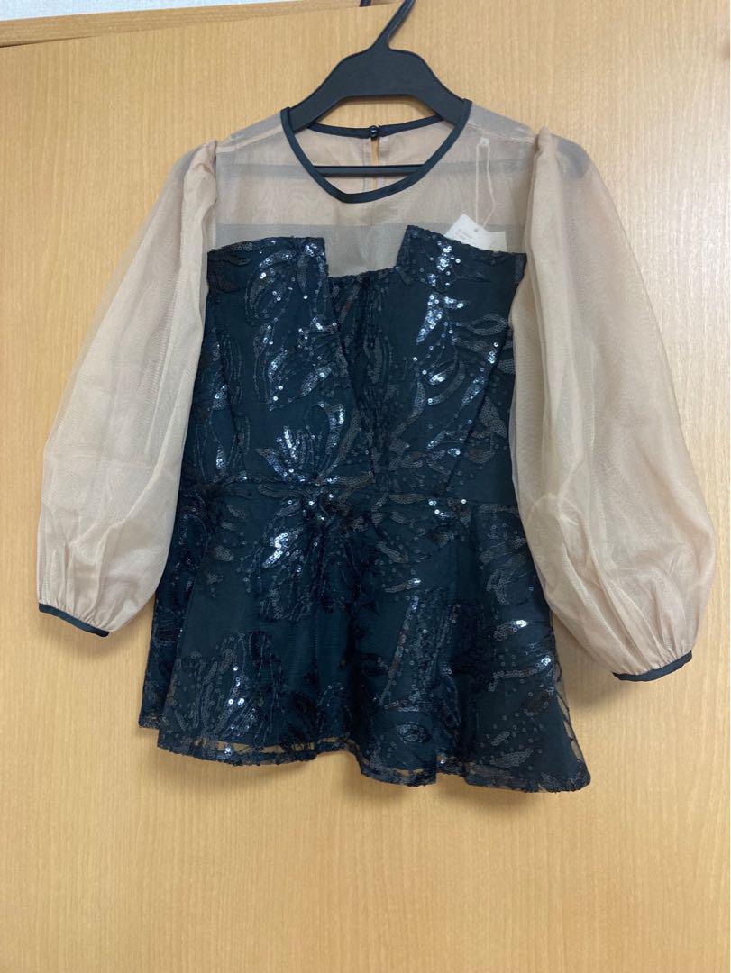 新品　LEJA シアーパフスリーブぺプラムスパンコール花柄Iラインドレス　M