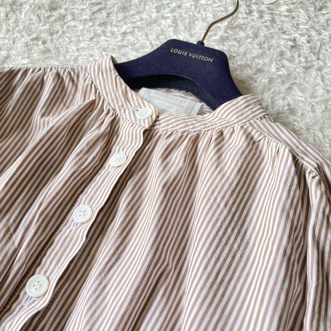 近年】美品 ビアズリー ストライプ柄 ロングシャツワンピース
