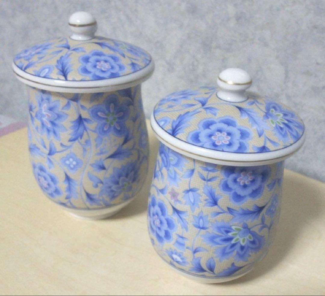 新品未使用庫山窯前畑陶器美濃焼煌彩更紗蓋付組湯呑ペア2客セット木箱入入手困難