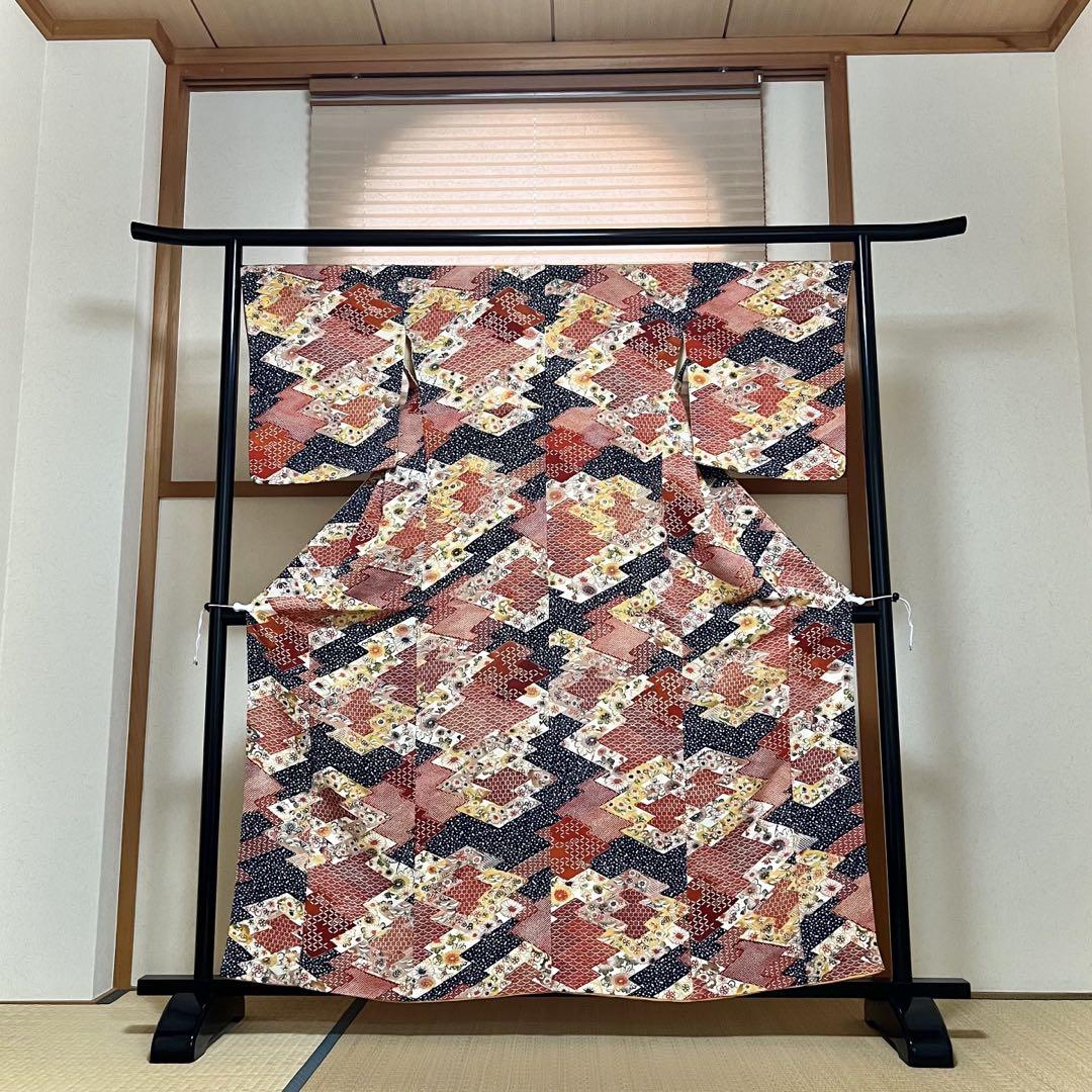 小紋 型染め 花柄模様 花青海波 縮緬 紺藍色 PK-1062