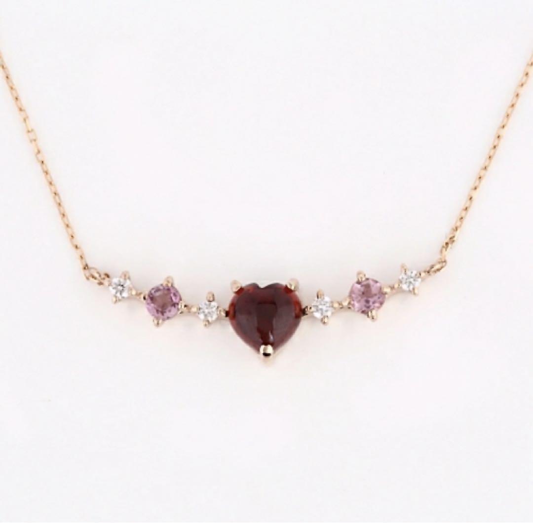 ハート ガーネット 天然ダイヤ ピンクトルマリン ネックレス 18k 18金 画像1