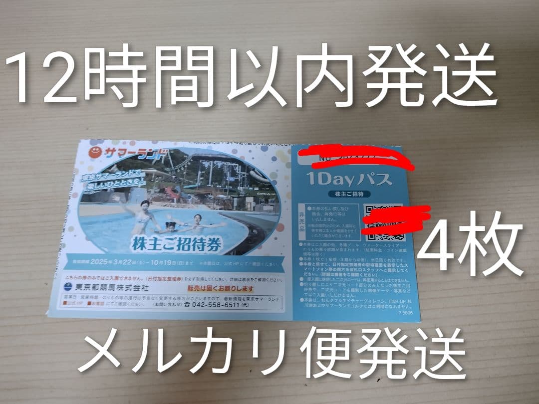 東京サマーランド 1日入園券4枚セット