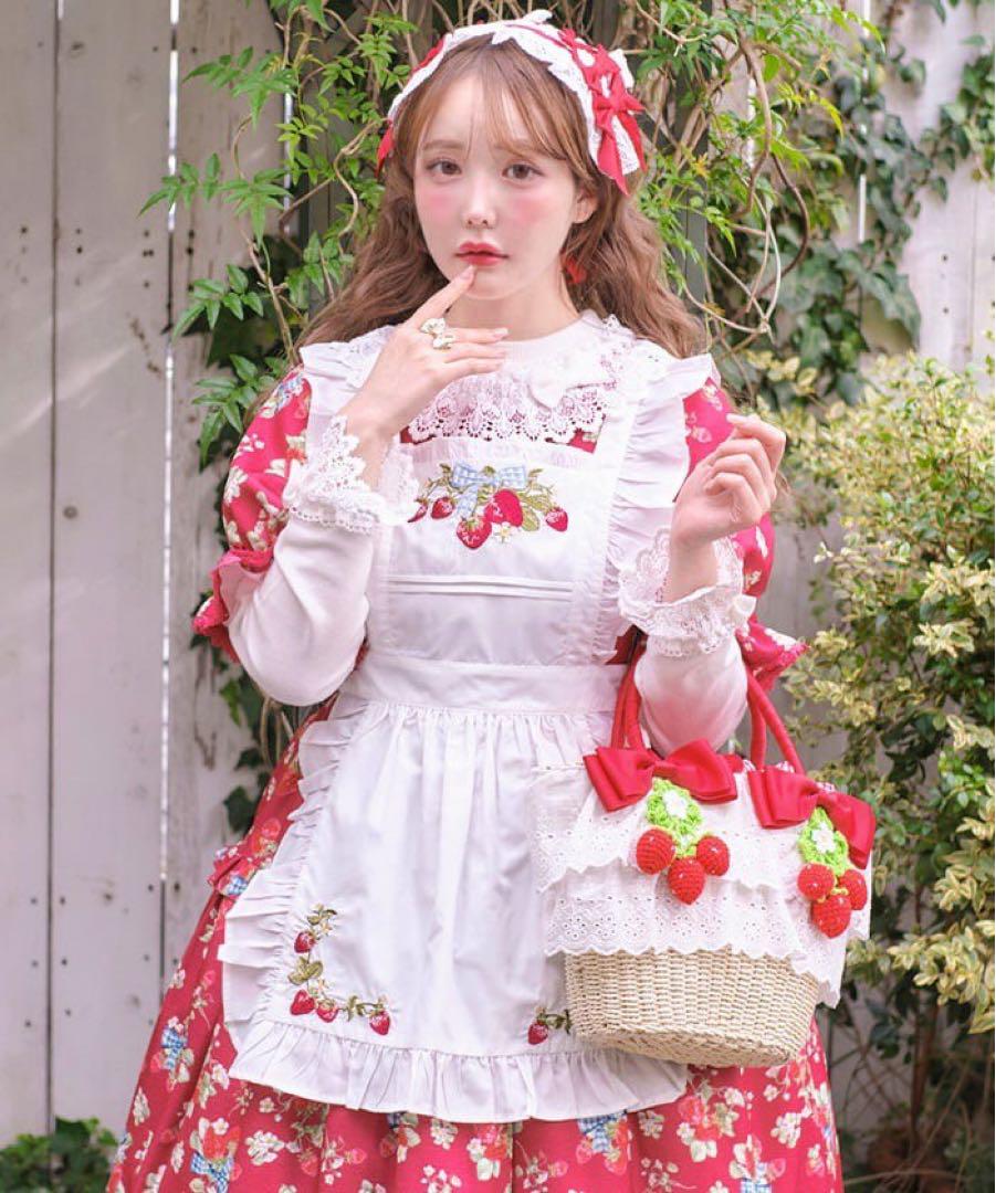 axes femme kawaii クラシックベリー刺繍エプロン (白)