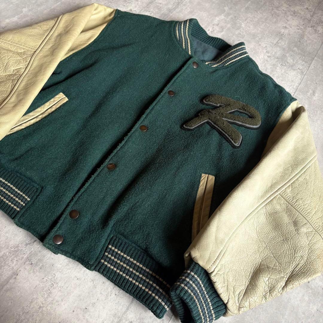 【90s vintage】レザースタジャン　ウール　本革　短丈　ボックス　古着