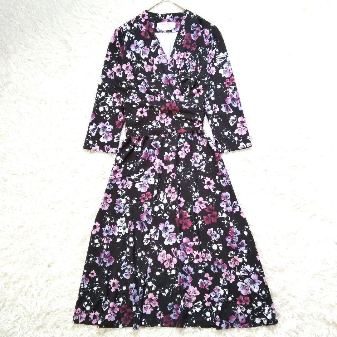 ケイミー 花柄カシュクールワンピース フラワー 7分袖 黒 総柄