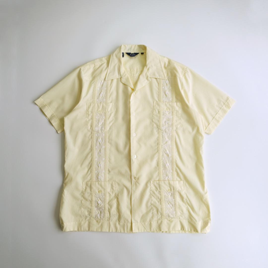 90s 刺繍デザイン　半袖開襟キューバシャツ　黄　L ボックスシルエット　古着
