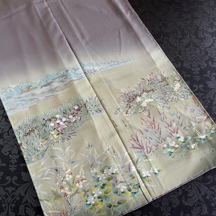 訪問着　友禅　濱ちりめん　松寿　菖蒲　落款　右恭　未仕立て　仮絵羽　在庫保管品