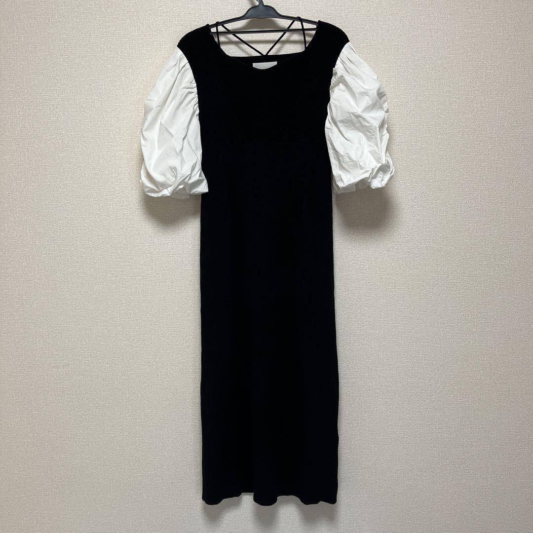 【美品・中古】黒白パフスリーブニットロングワンピース