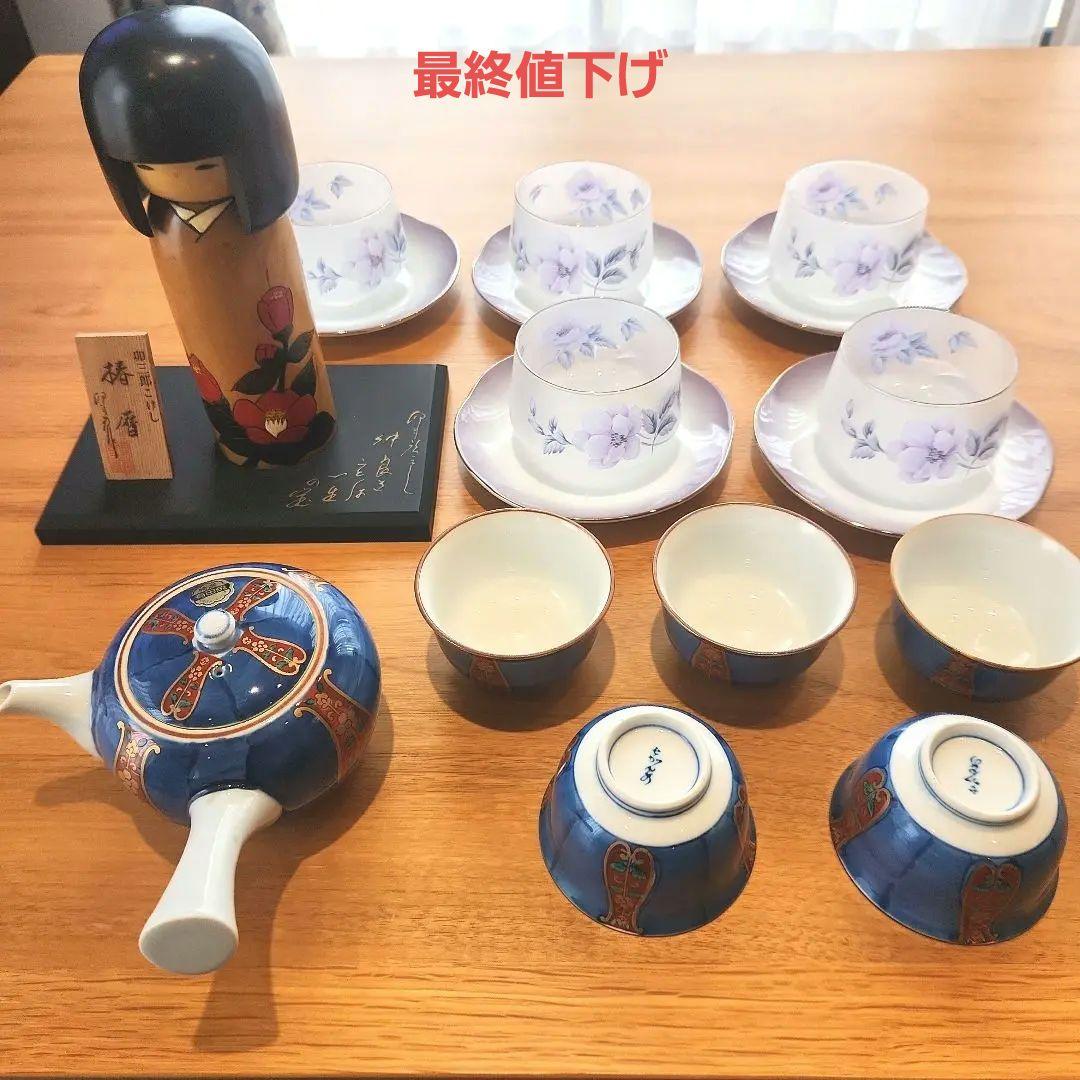 昭和レトロ　有田焼　HOYAガラス　卯三郎こけし　花柄茶器セットの3点セット