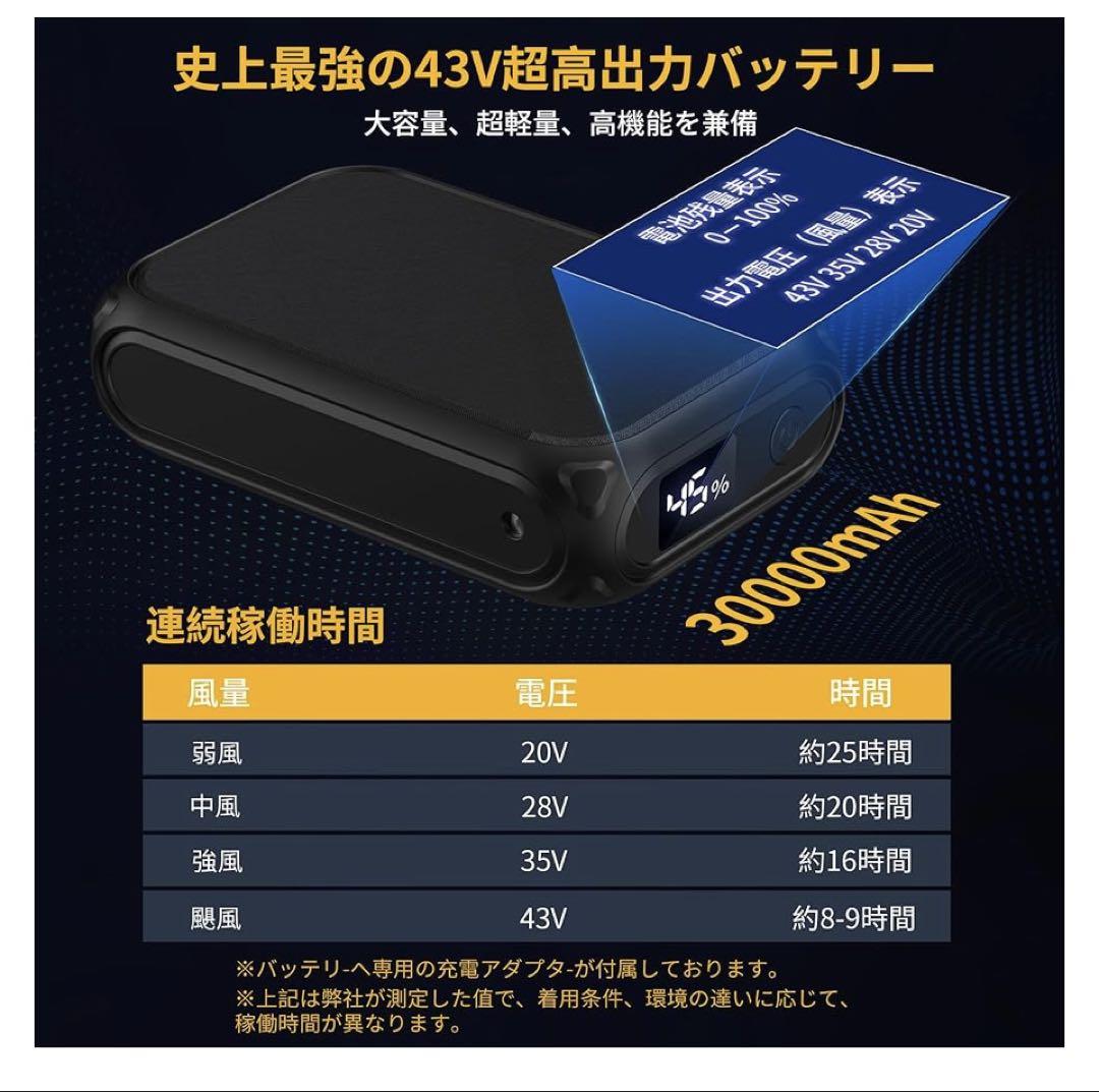 空調作業服 ファンバッテリーセット 43V超高出力 30000mAh