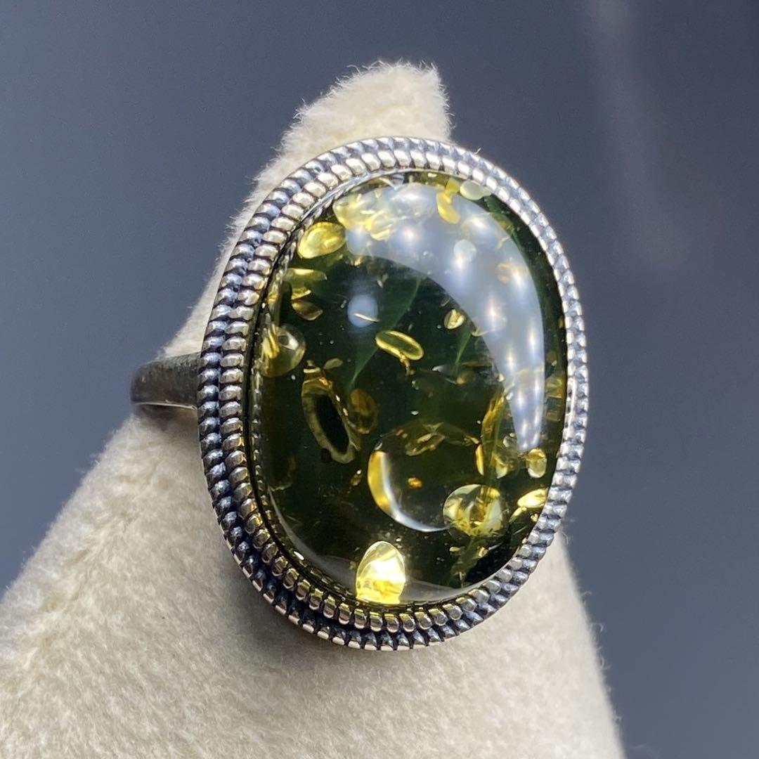 天然石リング　アンバー　緑花珀　高透明　18*13mm SV925刻印
