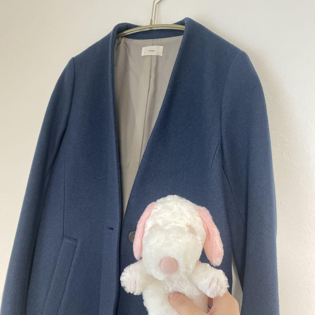 【極美品】あったかウール混❤️Vネックノーカラーコート くすみブルー