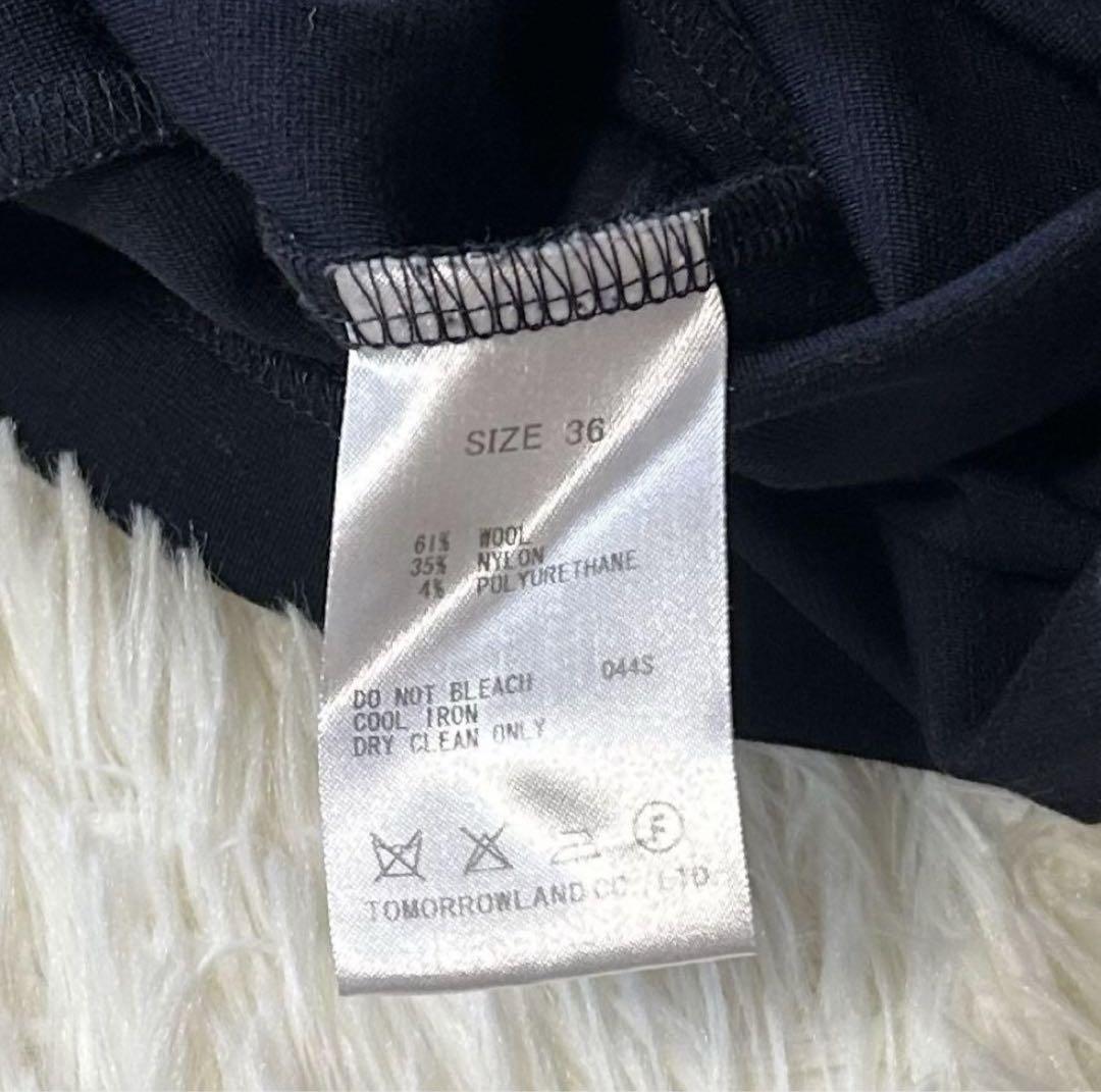 DES PRES Vネック長袖ワンピース 紺 ウエストリボン ストレッチ 36
