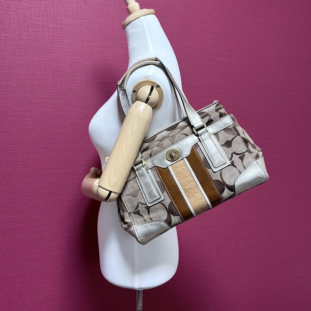 良品】COACH コーチ シグネチャー ターンロック トートバッグ