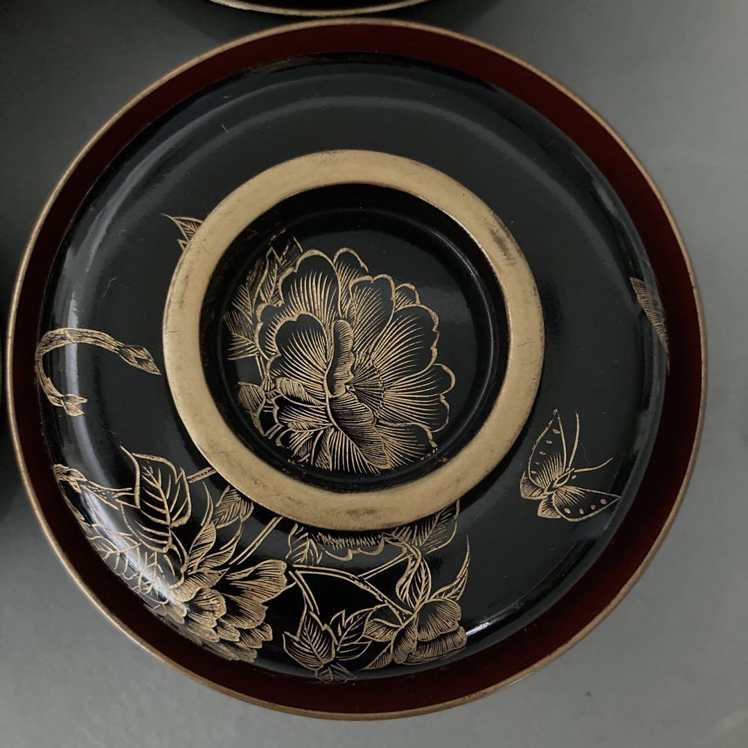大正昭和初期 花蝶図 沈金蒔絵 漆器 蓋付椀 吸物椀 お煮物椀 4客