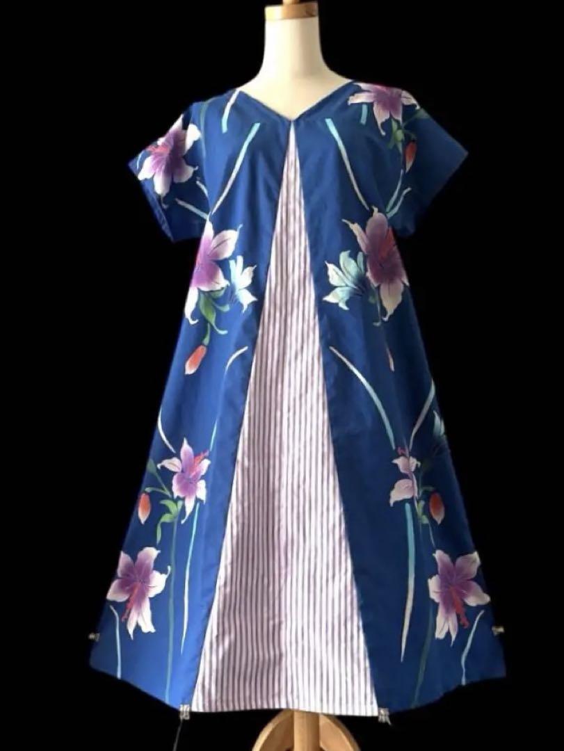 6Y02-7879 浴衣リメイク　ワンピース　ロング　ハンドメイド　優雅Aライン