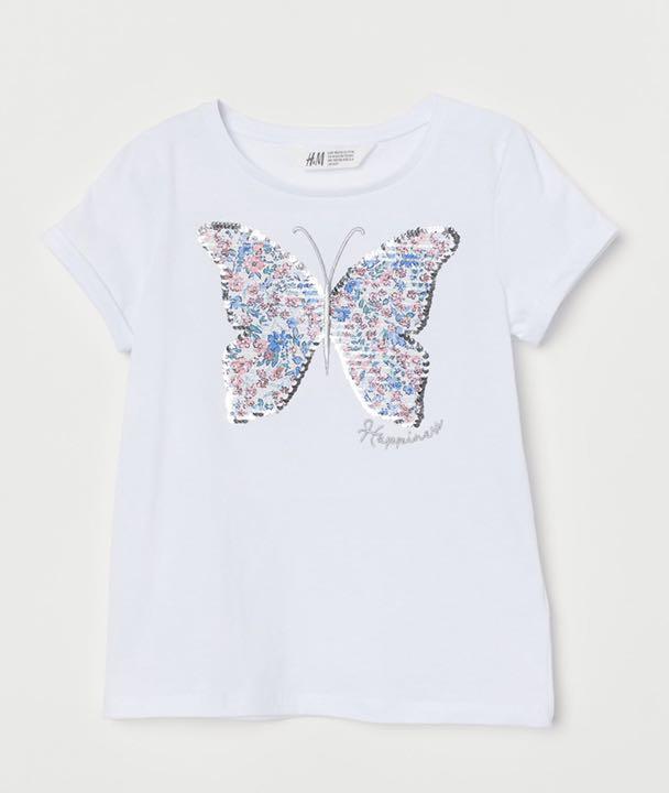 新品未使用＊バタフライ×花柄リバーシブルスパンコールTシャツ105cm白